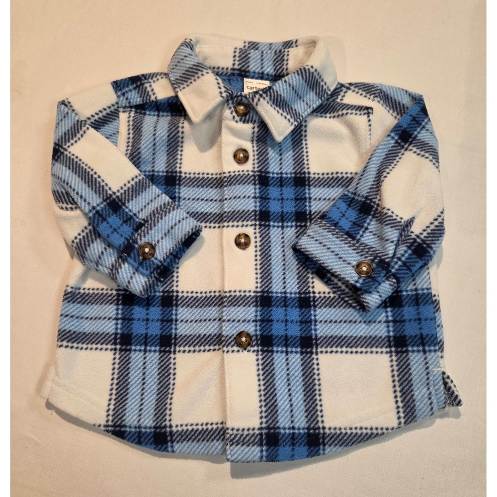 Carters Baby Boy Blue White Plaid Fleece Button Down Cozy Layering Jacket 6M